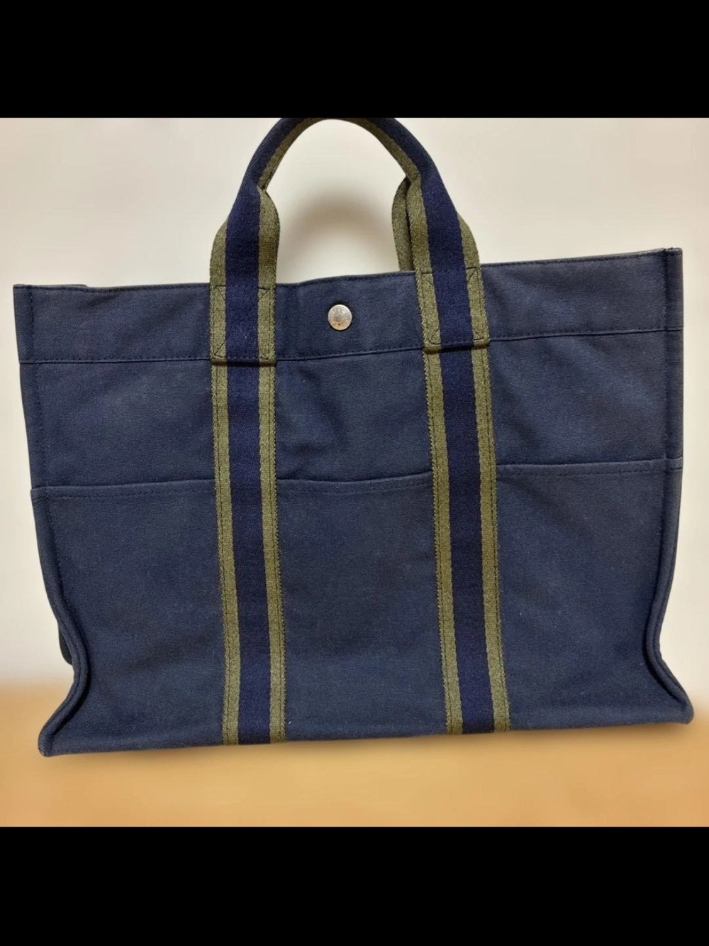 Hermes Navy Canvas Tote with Olive-Trim Handles